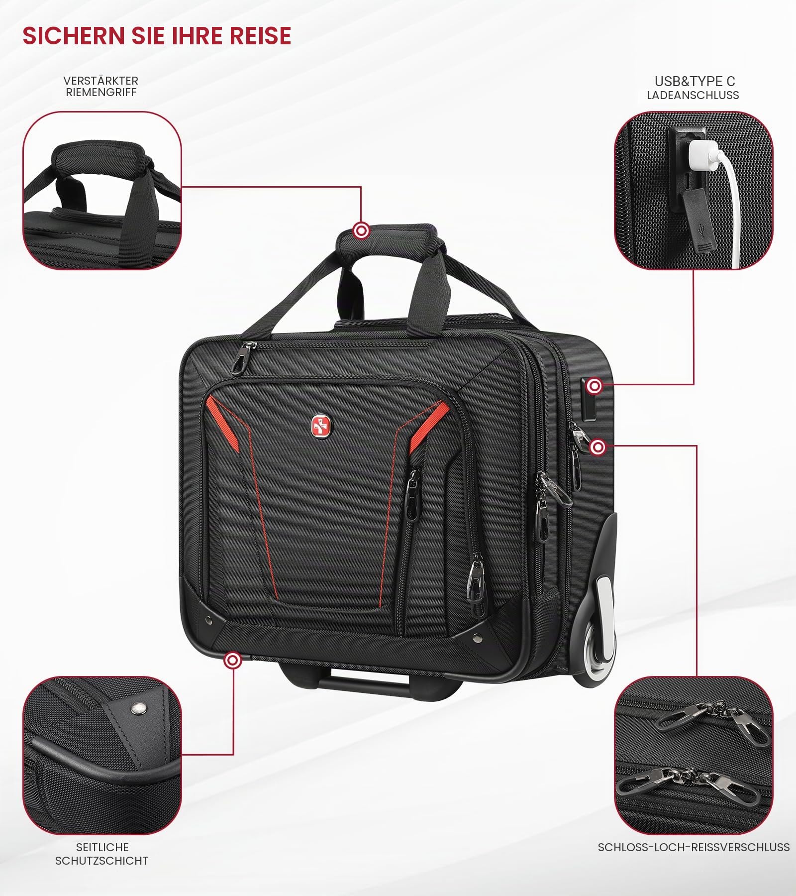 star cloud Pilotenkoffer mit Rollen, Laptop Trolley mit Rollen 46×36×20 cm, wasserabweisender Business Trolley, Aktentasche mit Rollen Handgepäck für Geschäftsreisen Herren & Damen