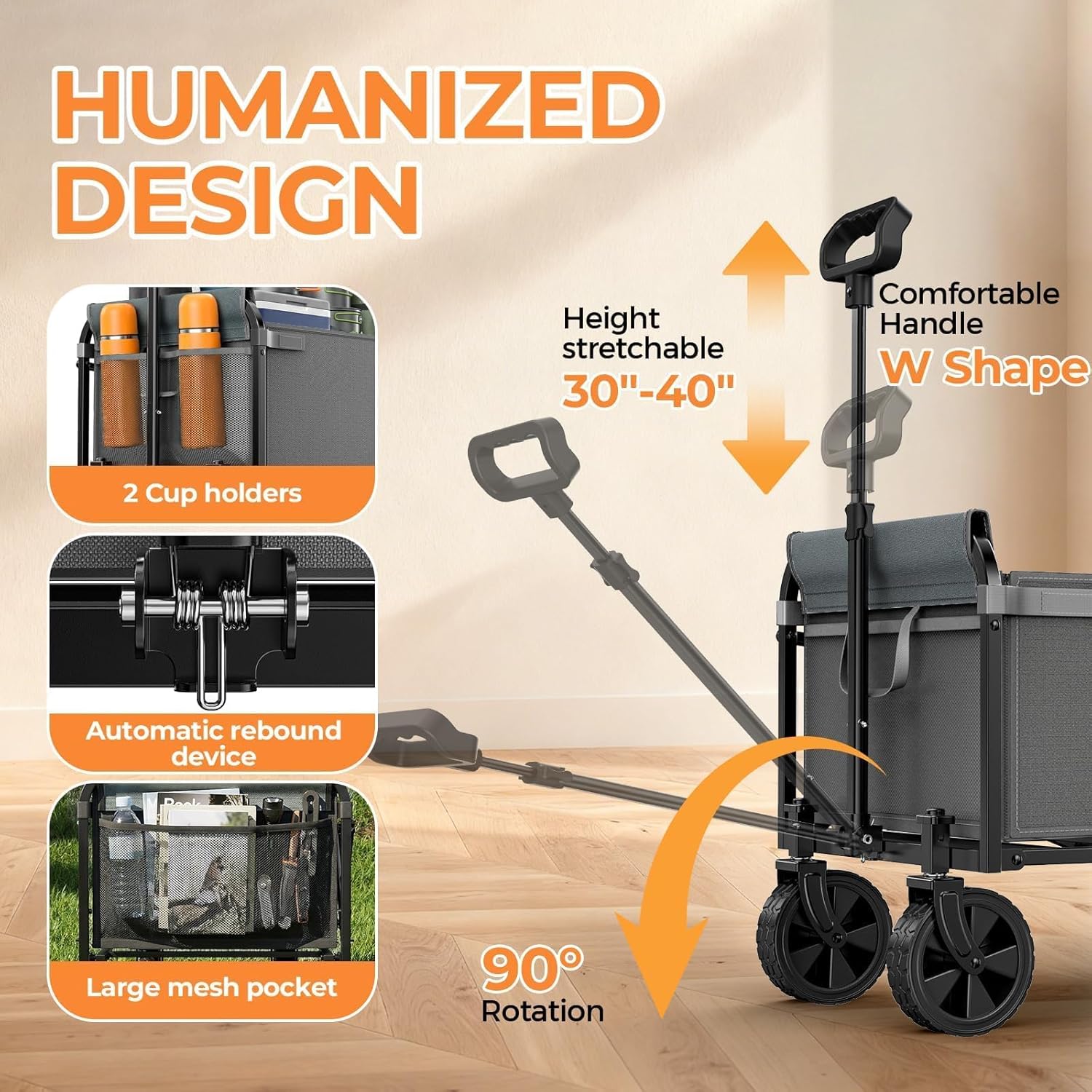 Portable Collapsible Wagon Cart, Foldable Cart with Removable Side, Utility Groceries Wagon for Dogs Cats Camping Beach Shopping Sports Gardeing Fishing, Gray