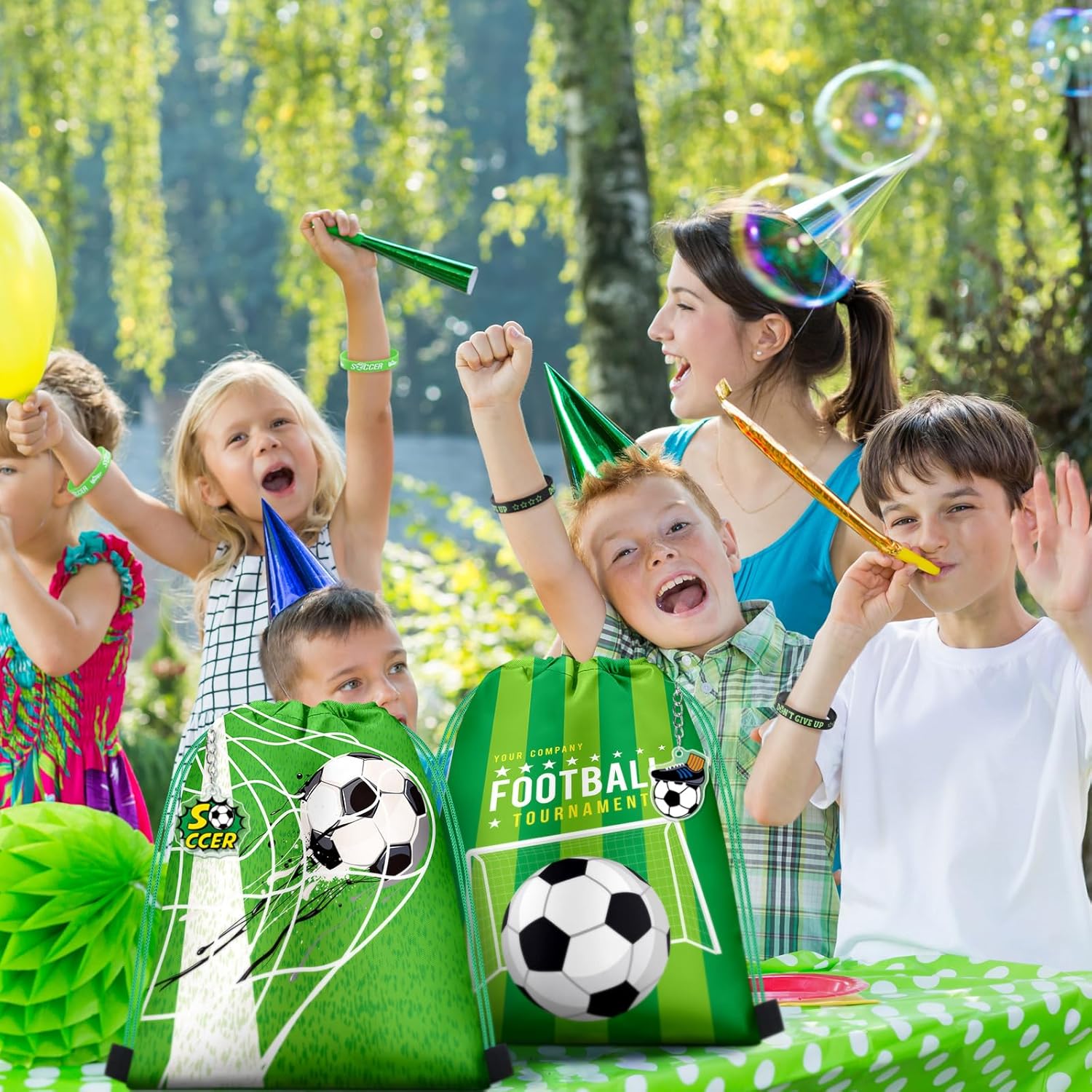 Talltalk 48 Pcs Soccer Party Favors Gifts Sets Soccer Team Gifts Include 16 Sets Drawstring Backpack Goodie Bags Stuffers Candy Snack Bags Wristband Keychains for Sports Birthday Party Supplies Decor - Image 4