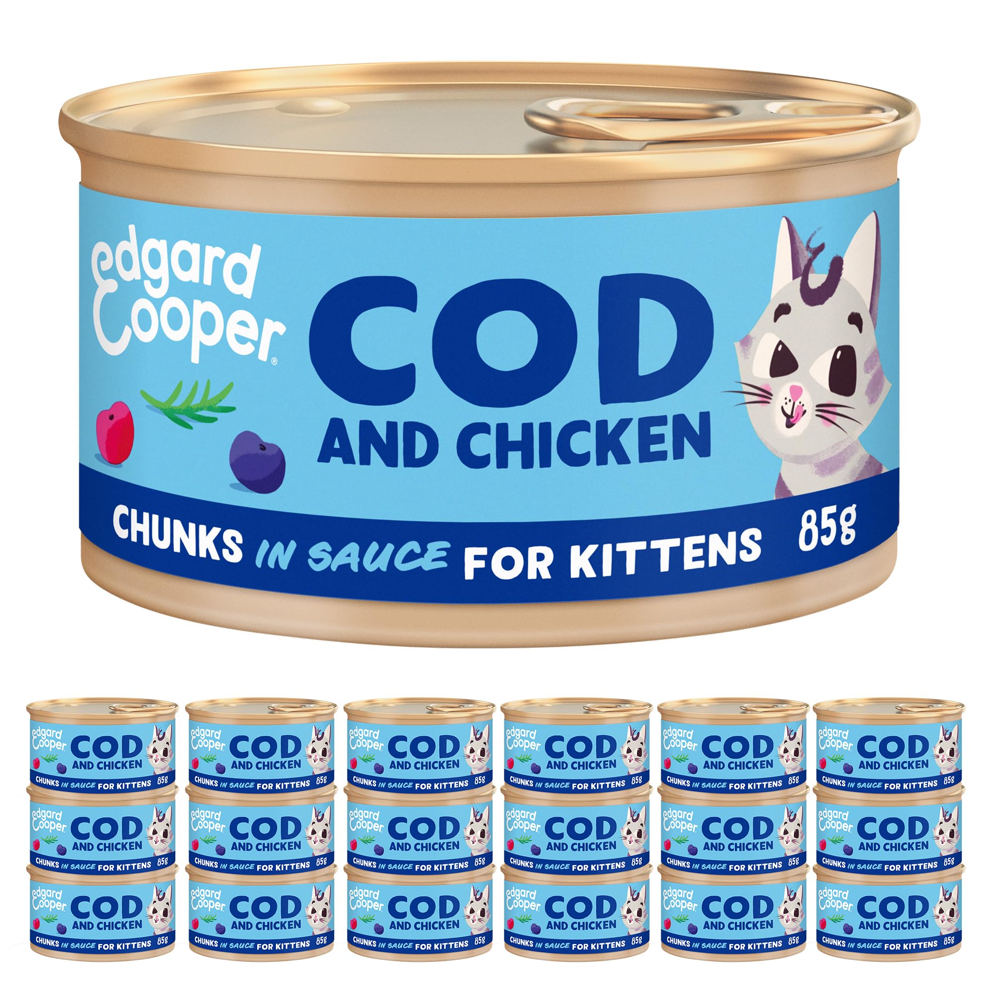 Edgard & Cooper Comida Húmeda Gatos Esterilizados o Activos Gatitos Gatos Junior Trozos en Salsa Natural Sin Cereales Latas 85g x 18 Bacalao & Pollo, Alimentación Sana Sabrosa y Equilibada