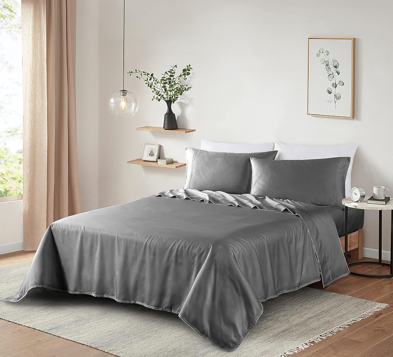100% Supima Cotton Sheets 600 Thread Count,Bed Sheet Set King Size Sheets 4 Pieces,Soft & Silk Sateen Weave, Fits Mattress Up to 18'',Deep Pocket, Breathable & Fade Resistant(Grey,King) - Image 6