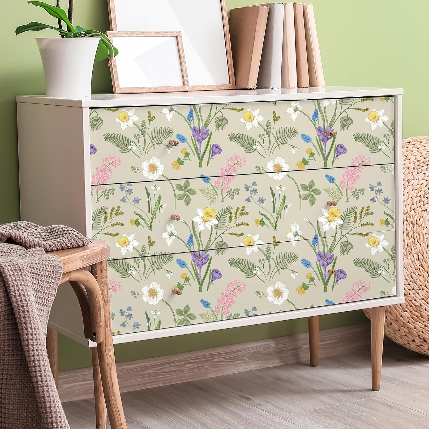 Beige Floral Peel and Stick Wallpaper Colorful Wildflowers Botanical Wallpaper Removable Flower Green Leaf Wall Paper for Bedroom Cabinet 12"x118" Stick and Peel Floral Contact Paper