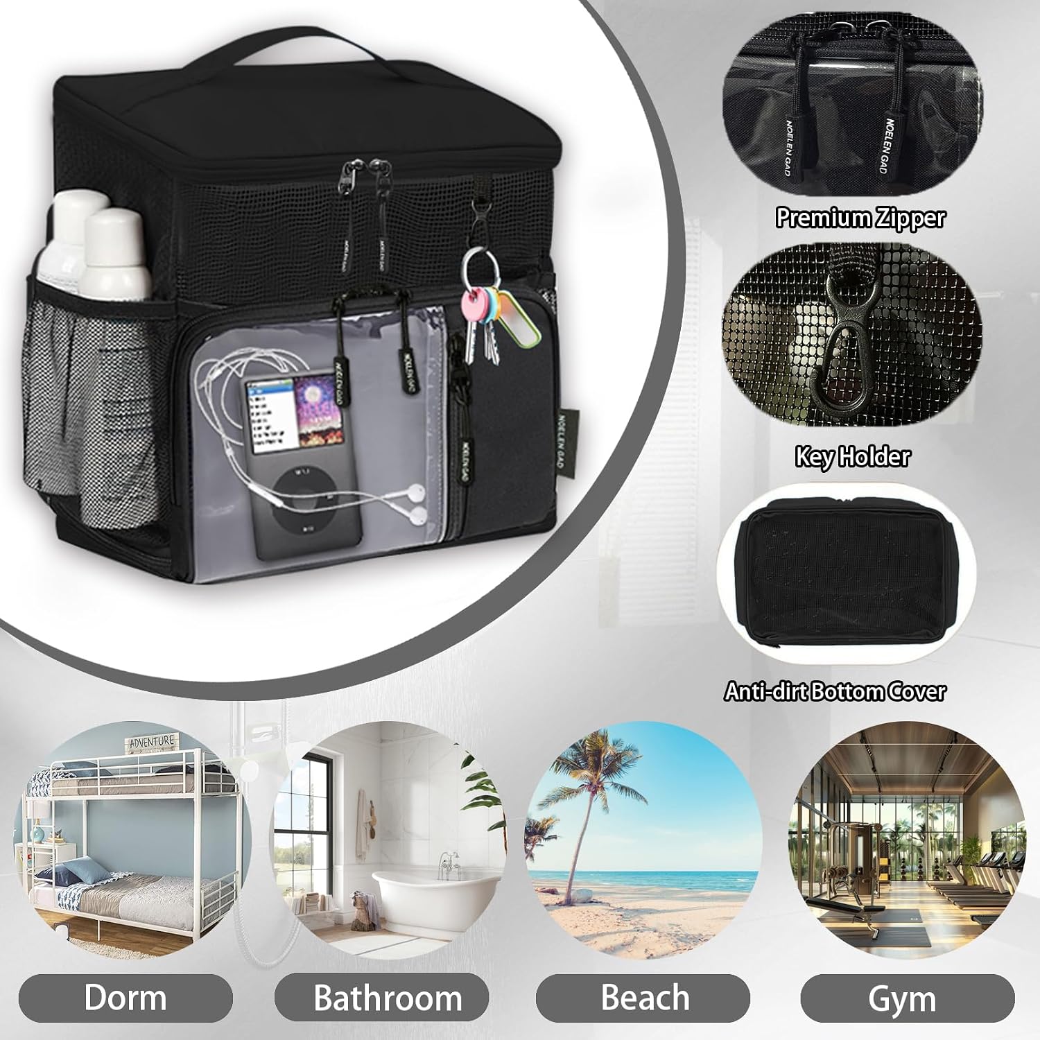 Shower Caddy Portable,Mesh Shower Tote for Bathroom, Gym, Travel, Bath Camping - Quick Dry Hanging Organizer Toiletry Bag with Handle for College Dorm Room, Men & Women (Black)