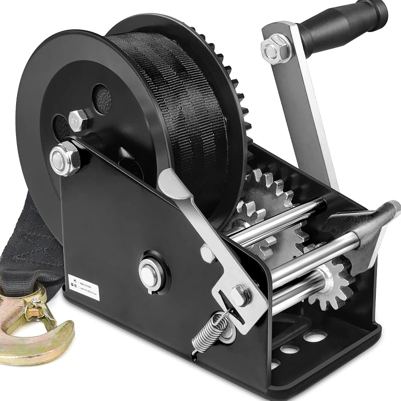 Guincho Manual para Carreta de Barco Megaflint 1.587 kg com Cinta de 10,1 m, Catraca de Duas Vias e Cabo de Aço