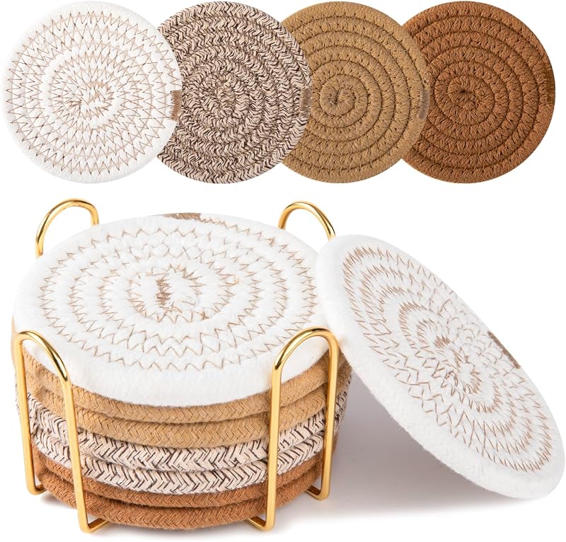 OIAHOMY 8 Pcs Coasters with Holder for Beer, Coffee, Woven Cotton Coaster Set for Table Decor for Kitchen, Bar, Dining Room, Living Room, Housewarming Gifts - Yellow