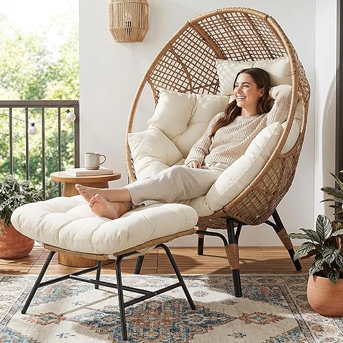 NICESOUL Indoor Outdoor Egg Chair with Ottoman, Comfy Thick Cushioned Egg-Basket Lounge Chair w/Footrest, 440lbs Eggshell Chairs with Foot Rest, Boho Chair for Patio, Balcony, Bedroom, Sunroom, Beige