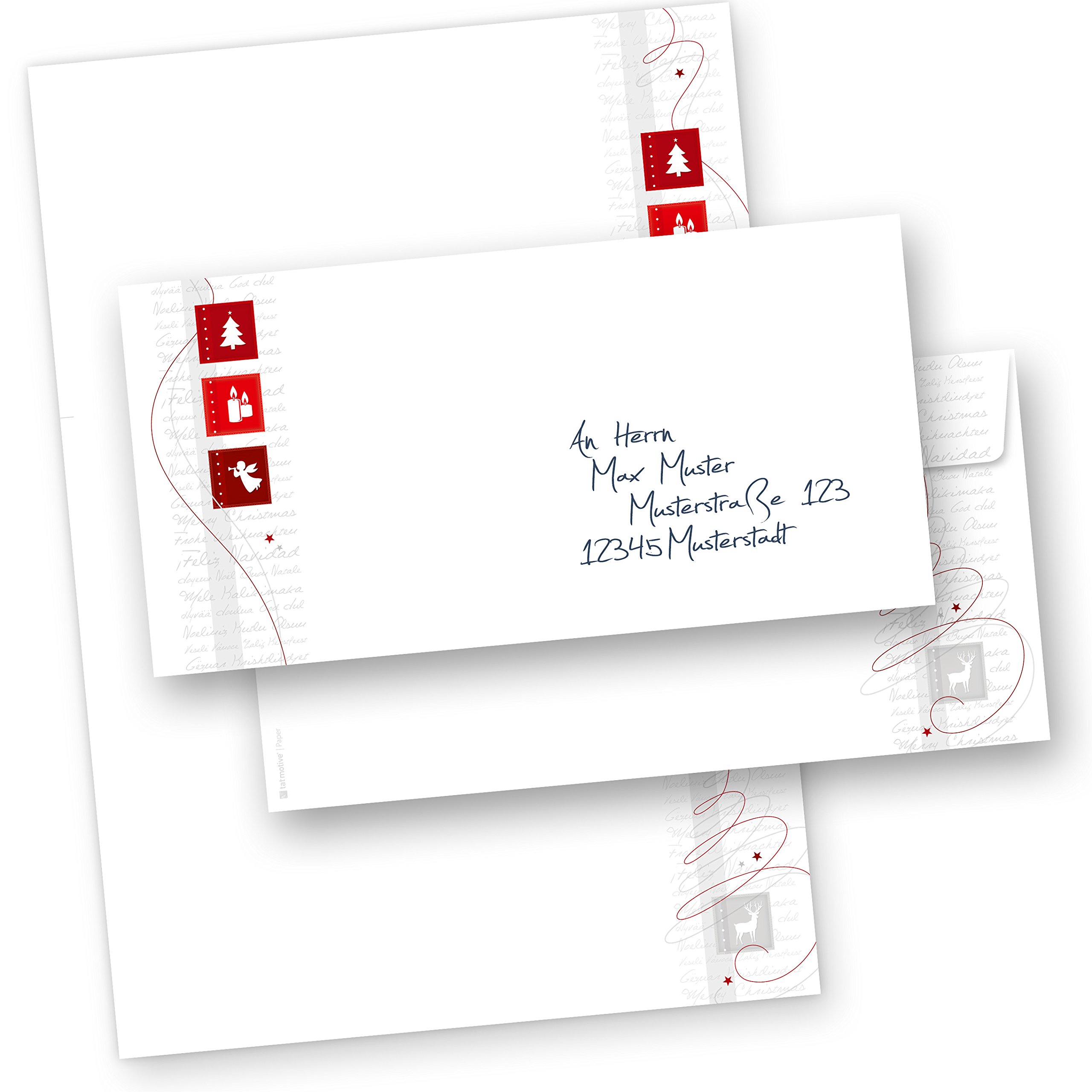 Red Modern Art Lot de 100 feuilles de papier à lettre de Noël avec enveloppes sans fenêtre pour clients professionnels