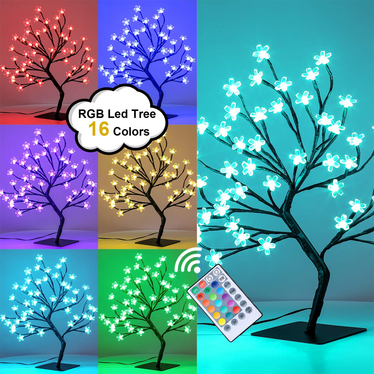 Brightdeco Lighted Cherry Blossom Tree - 1.5FT 48 LED 16 Color-Changing 4 Modes Plug in Artificial Bonsai Tree As Night Lights for Halloween Thanksgiving Christmas Easter Wedding Party