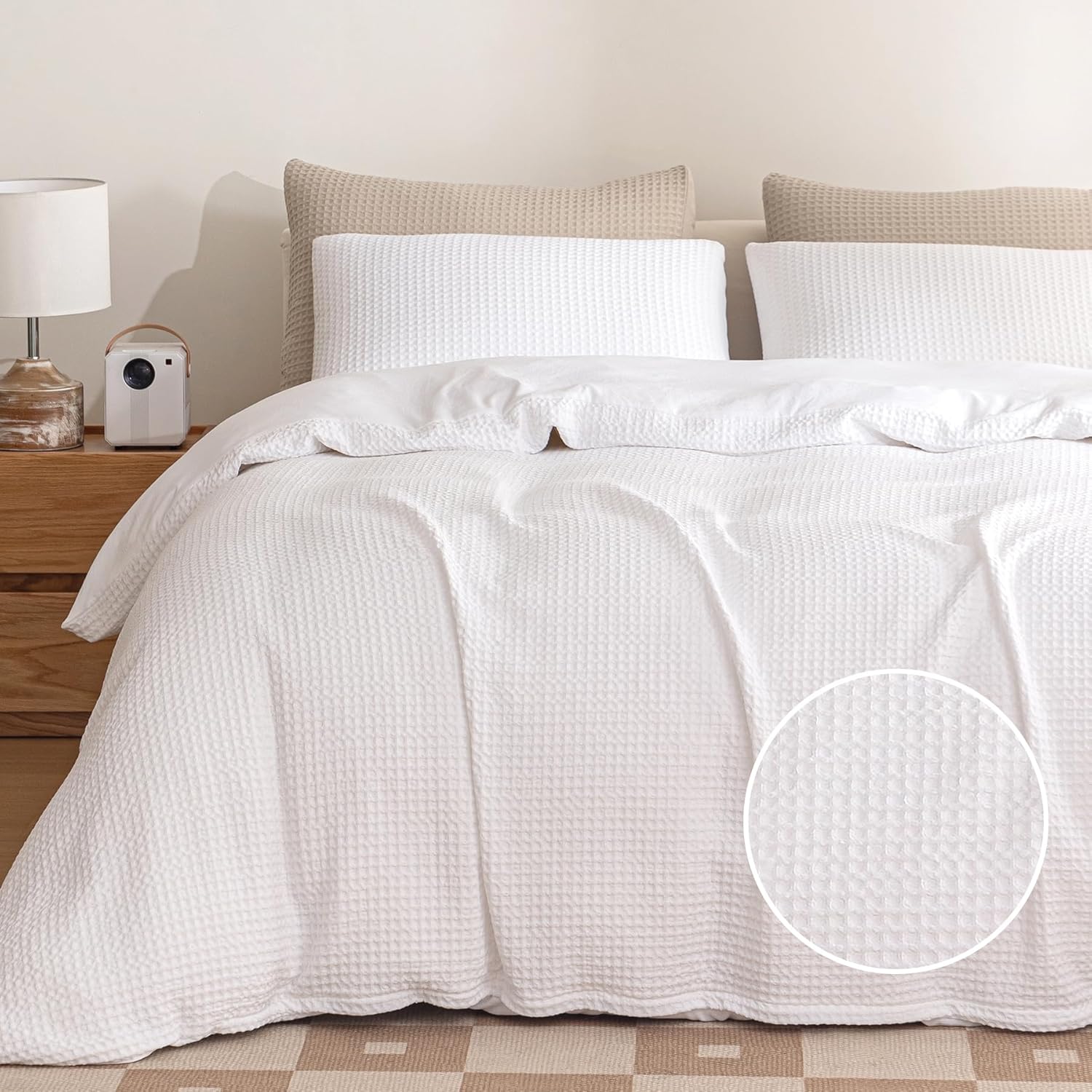 King Size Waffle Duvet Cover Set - Soft, Breathable, Cooling Luxury 3 Pcs Bedding with 1 Duvet Cover and 2 Pillowcases, No Comforter (King, White)