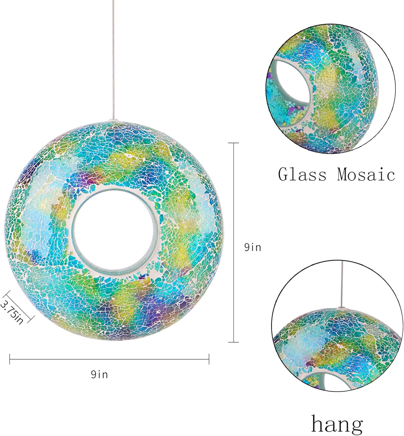 Topadorn Bird Feeder Fly Through Mosaic Round Stained-Glass Birdfeeder, Outdoor Hanging Birdfeeder for Garden Decoration Gift, Colorful Bird Feeder, 9"