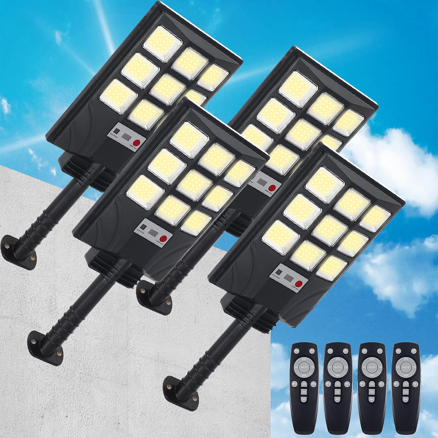 Retisee 4 Pack Solar Street Lights Outdoor Waterproof IP 65 240° Wide Angle Solar Streetlights Outdoor Pole Lights with Motion Sensor Remote Dusk to Dawn Control for Garage, Yard, Driveway Pathway