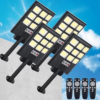 Retisee 4 Pack Solar Street Lights Outdoor Waterproof IP 65 240° Wide Angle Solar Streetlights Outdoor Pole Lights with Motion Sensor Remote Dusk to Dawn Control for Garage, Yard, Driveway Pathway