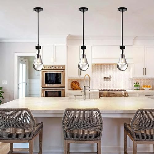 Miniatura 4 de Untrammelife Lámpara colgante de cristal negro, lámpara colgante de vidrio sólido transparente soplado a mano, 1 luz de gota de lluvia, lámpara de