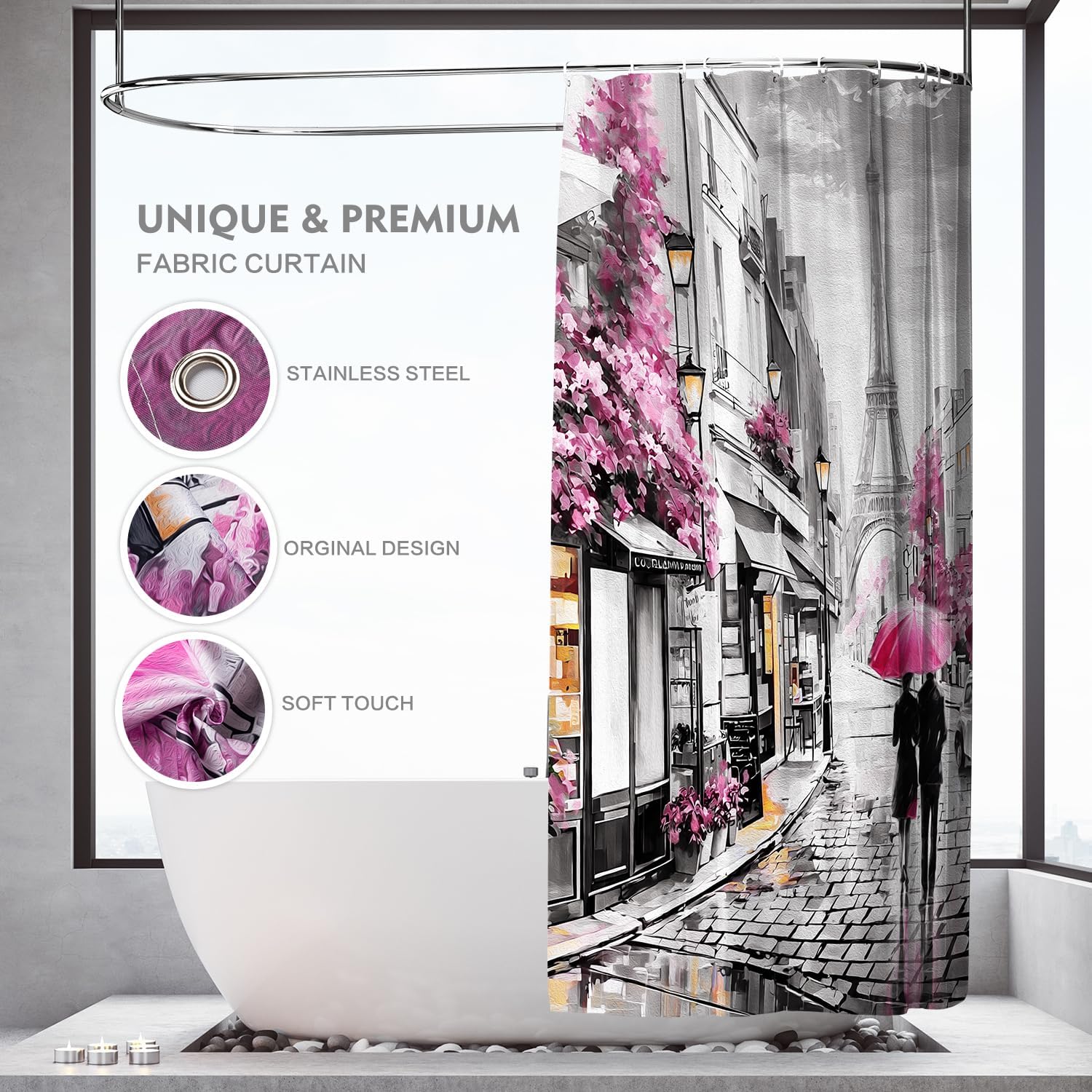 Lokigo Paris Eiffel Tower Shower Curtain 72Wx72H Inch Modern Lovers Walk On Rainy France Street Pink Oil Painting Shower Curtains Romantic Vintage Gray Waterproof Fabric Shower Curtain with Hooks