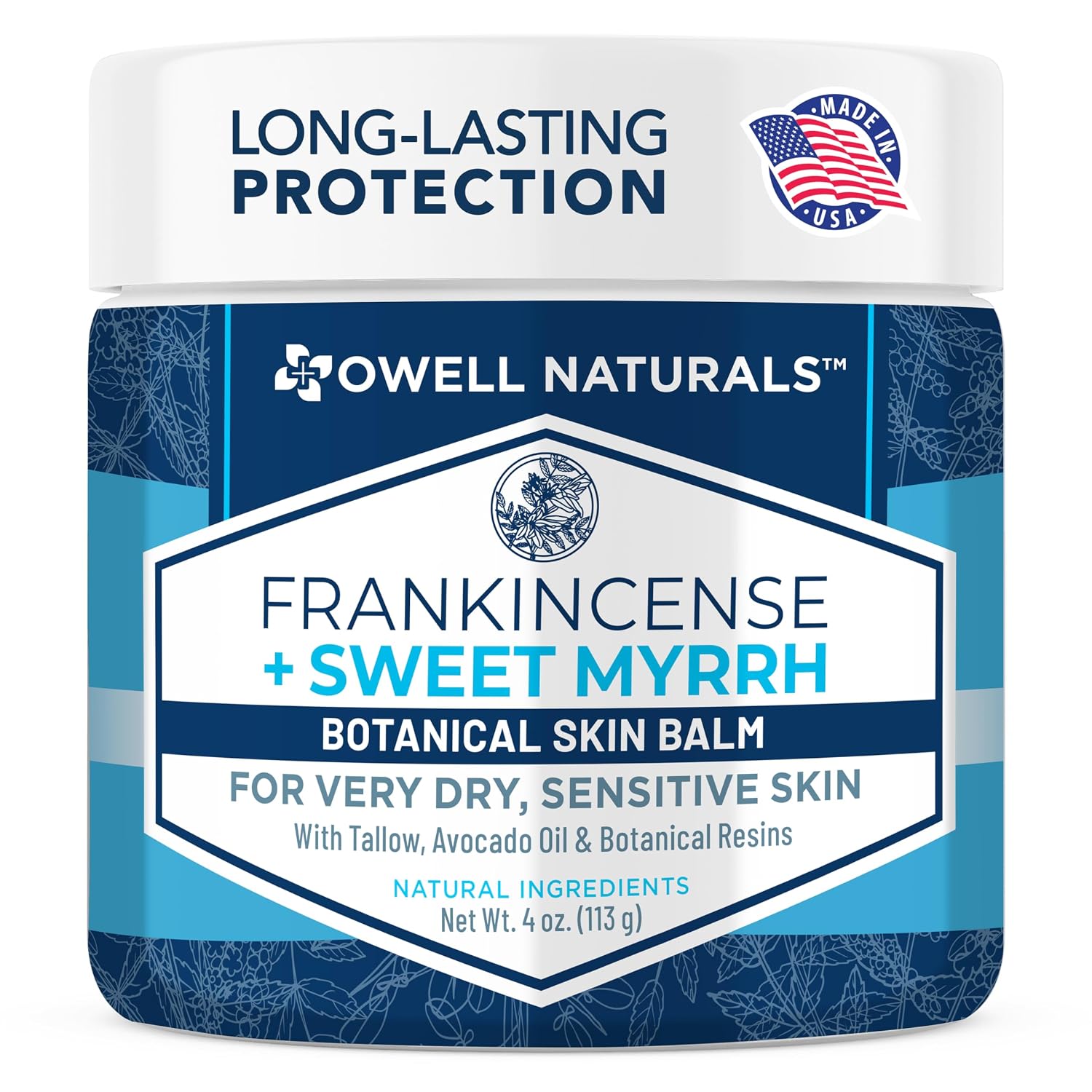 Owell Naturals Frankincense & Myrrh Body Balm – Deep Moisturizing Cream for Very Dry, Sensitive Skin – Intensive Hydration & Skin Barrier Support – Non-Greasy Tallow Balm – 4 oz