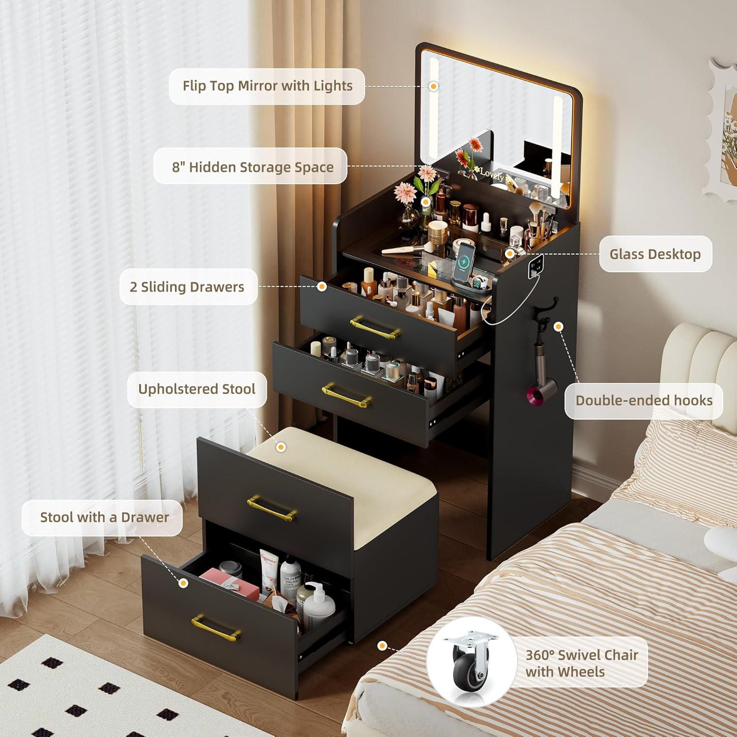 Lvifur 3 in 1 Vanity Desk with Flip Top Mirror and Lights,Modern Glass Top Small Makeup Vanity w/Charging Station & Human Sensor Light,Compact Vanity with 3 Drawers,Rolling Cushioned Stool