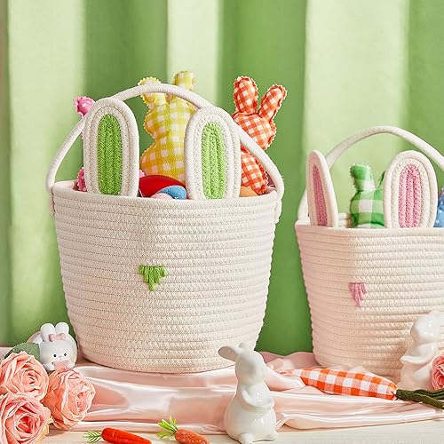 Miniatura 4 de 3 cestas de conejo de Pascua con orejas de conejo, cesta de huevos de Pascua con asa, contenedor de caza vacío tejido para regalos, dulces,