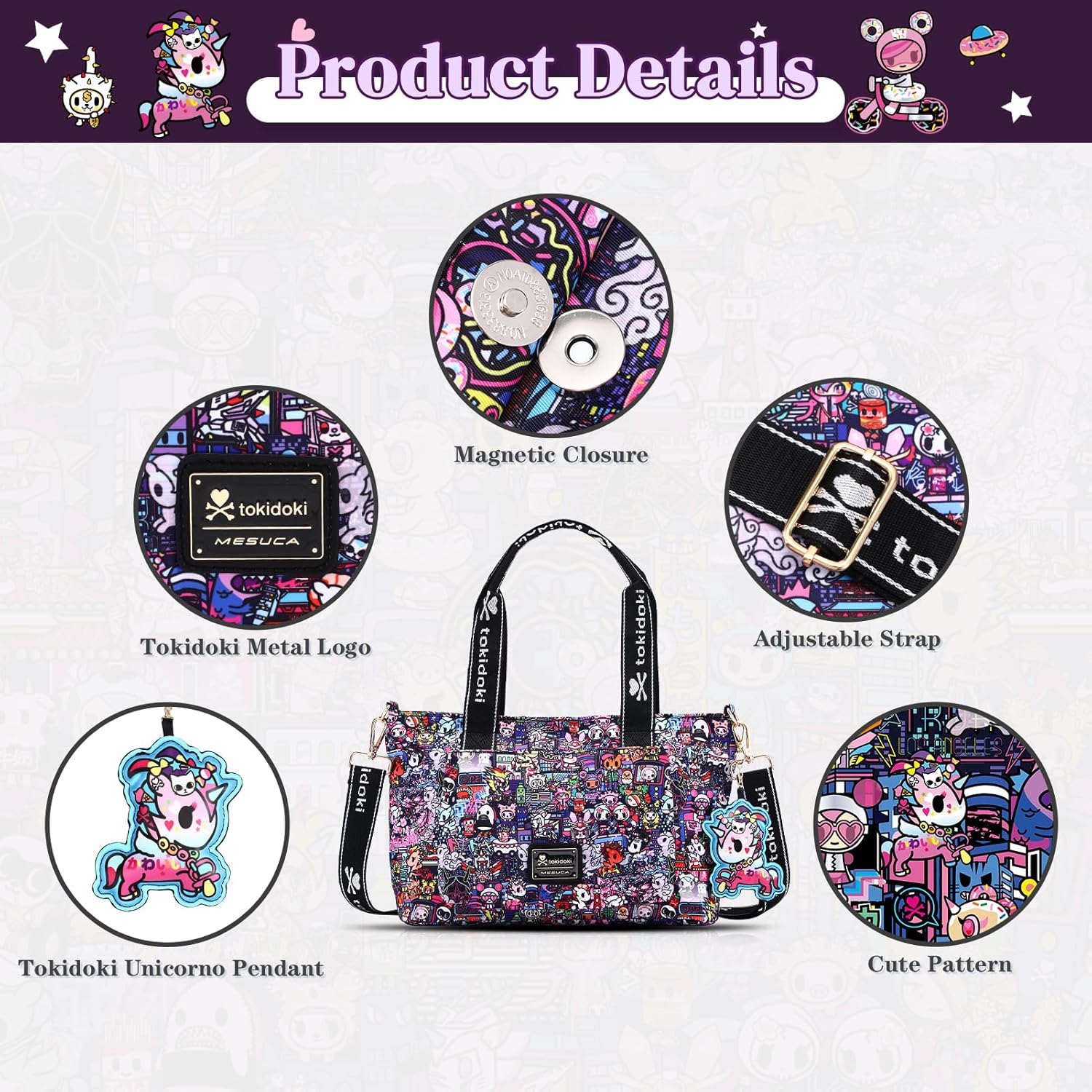 Tokidoki Crossbody Bag with Unicorno Keychain Cute Shoulder Bag Tote Purse Handbag Wallet for Women Girl Shopping Travel