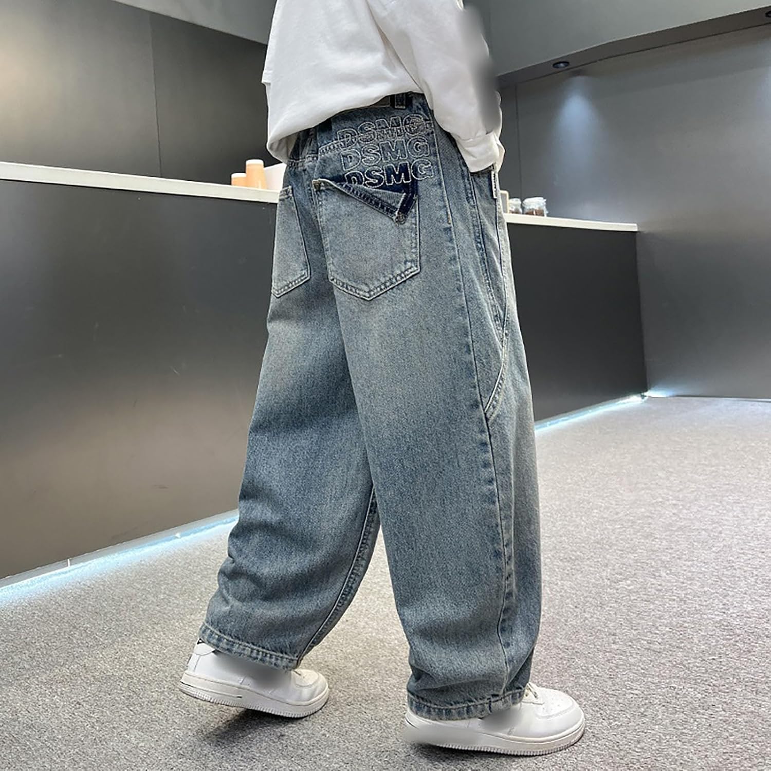 Boys Jeans Baggy Y2K Vintage Wide Leg Waistband Elastic Hip Hop Streetwear Casual Loose Denim Pants with Pockets