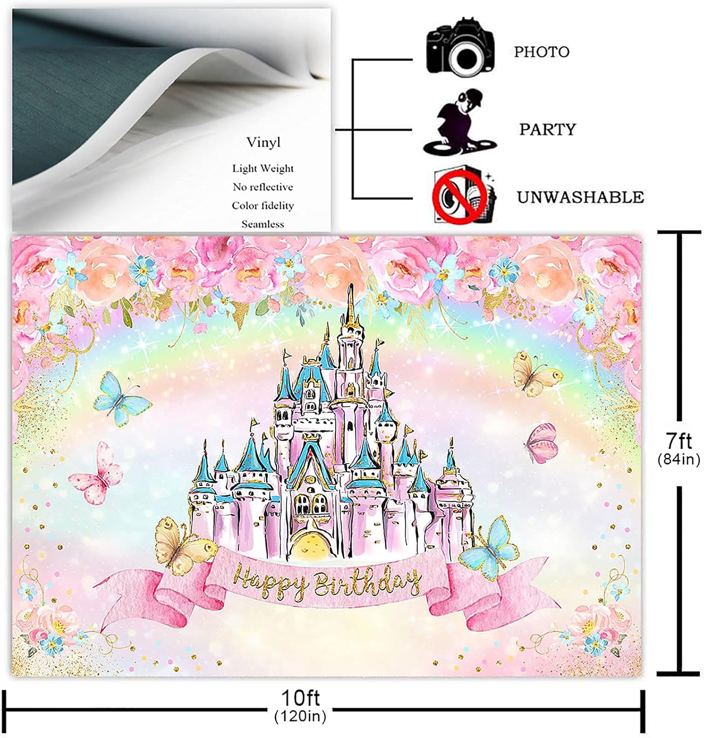Avezano Princess Birthday Backdrop Sweet Girl Blush Floral Gold Princess Birthday Party Background Royal Birthday Castle Fairy Princess Party Decoration Photoshoot (10x7ft)