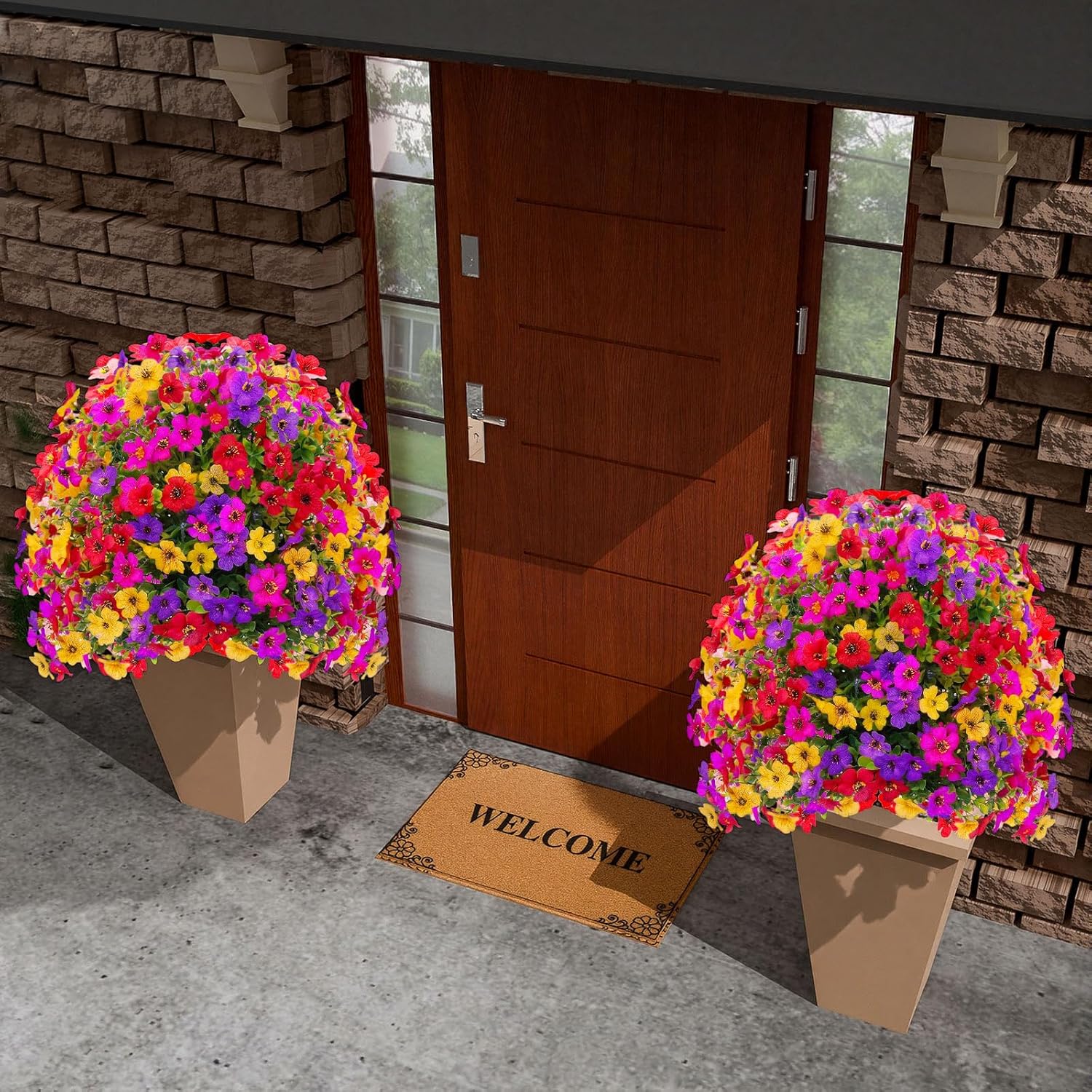 6 Pack Artificial Boxwood Topiary Ball Tree with Flowers, 25" Outdoors Fake Bushes Plants with Ground Spike Faux Eucalyptus Shrubs UV Resistant for Porch Patio Garden Decor (Mixed Color)