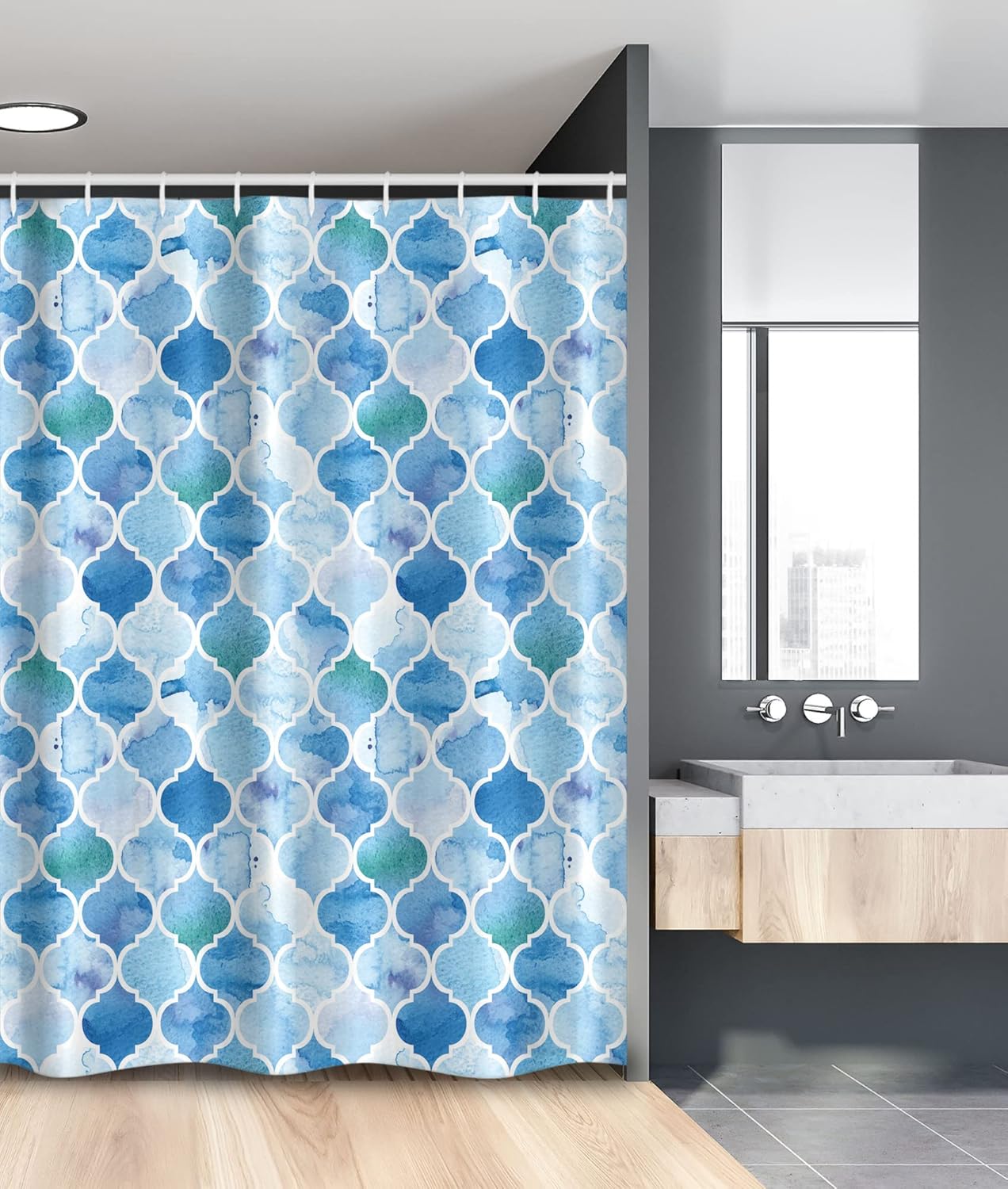 Ambesonne Moroccan Stall Shower Curtain, Oriental Style Mosaic Pattern in Watercolor Paint Retro Style Art Print, Fabric Bathroom Decor Set with Hooks, 54" W x 78" L, Pale Blue