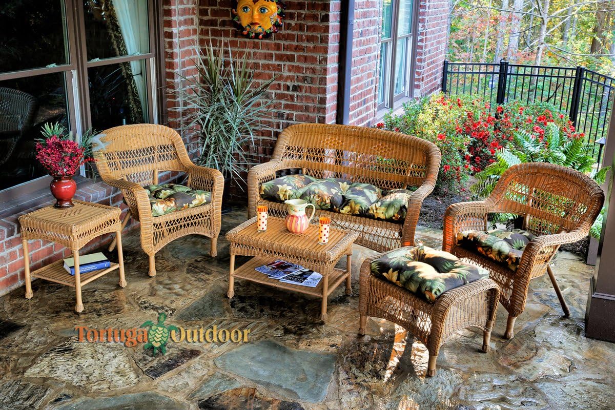 Tortuga Portside 6 Piece Wicker Outdoor Seating Set, Amber Wicker, Callie Coffee Fabric