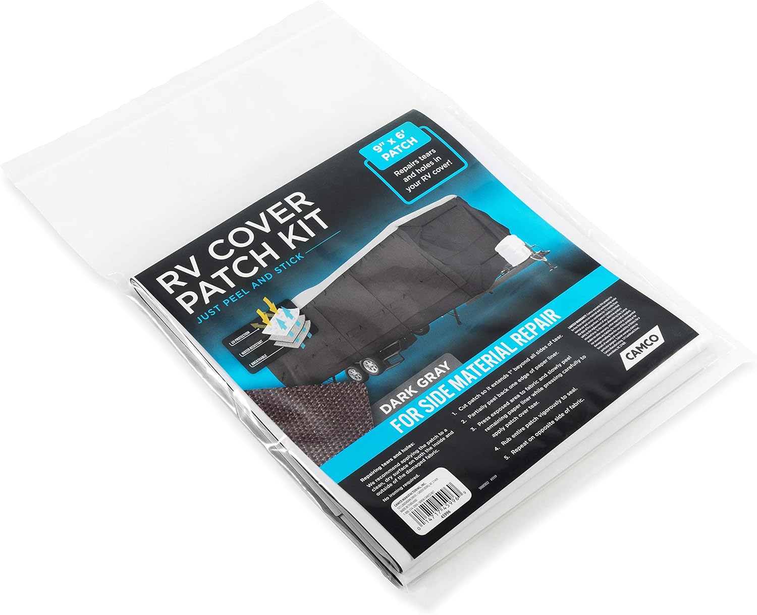 Camco RV Cover Patch Kit - 9-Inch x 6-Foot Patch with Adhesive Backing - Repairs Small Rips and Tears on the Side, Front & Back Panels of UltraGUARD, UltraShield, & Pro-Shield RV Covers - Gray (45996)