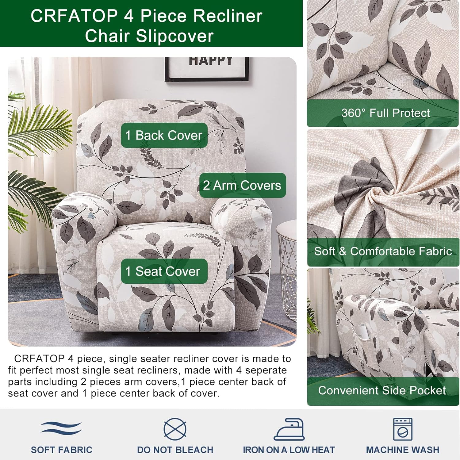 CRFATOP Floral Printed Recliner Cover with Pockets Single Reclining Slipcover 4-Pieces Lazy Boy Recliner Armchair Cover with Elastic Bottom for Recliner Furniture Protector for Kid Pet