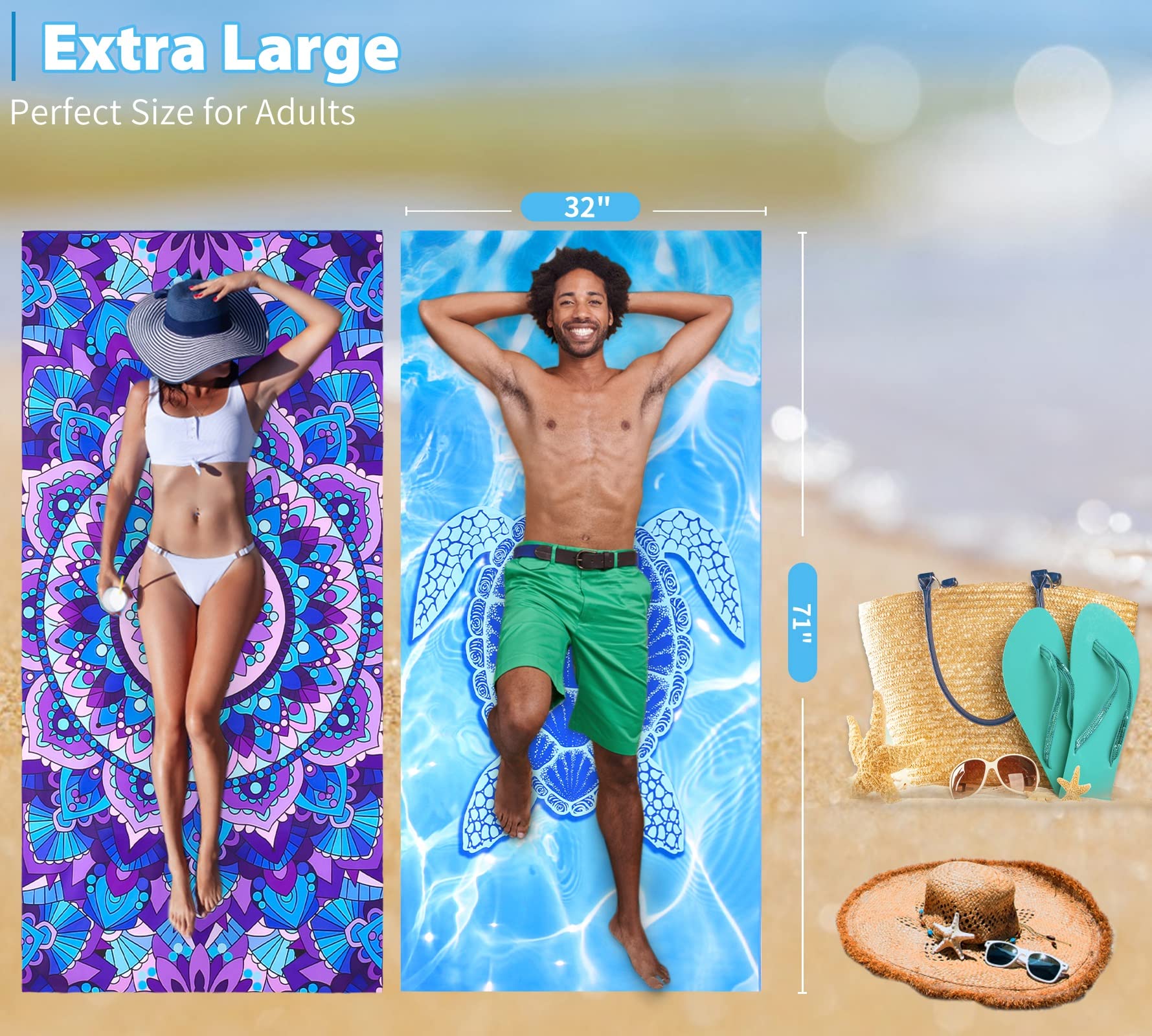 Paquete de 6 toallas de playa de microfibra finas y ligeras de gran tamaño, 71 x 32 pulgadas, extra grandes, sin arena, para viajes, natación, piscina, yoga, gimnasio, camping, para adultos, mujeres y