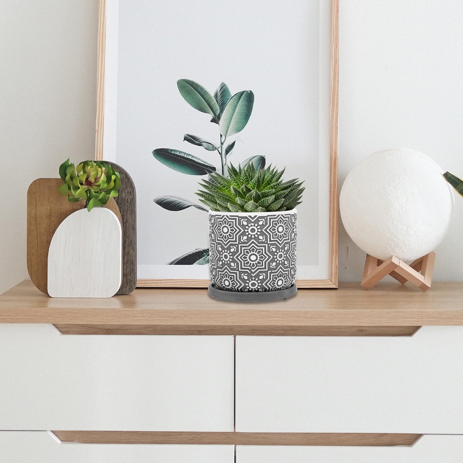 SOIMISS Maceta de Cemento, Maceta para Suculentas con Bandeja, Redonda, para Plantas, Jardinería y Jardín, Fácil de Mantener y Mover