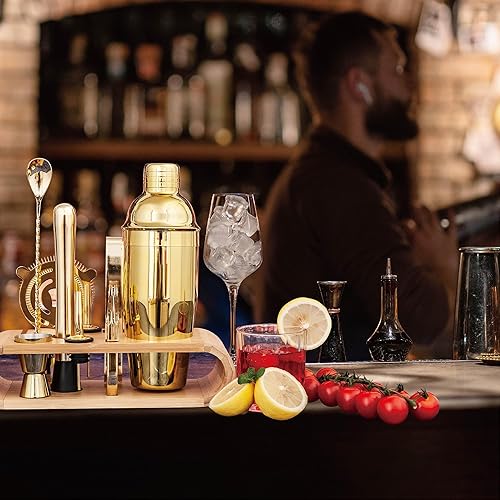 Miniatura 7 de AUOXIOUYM Juego de 10 cocteleras de Martini doradas, juego de coctelera de acero inoxidable, kit de barman de 25 onzas, juegos de herramientas de