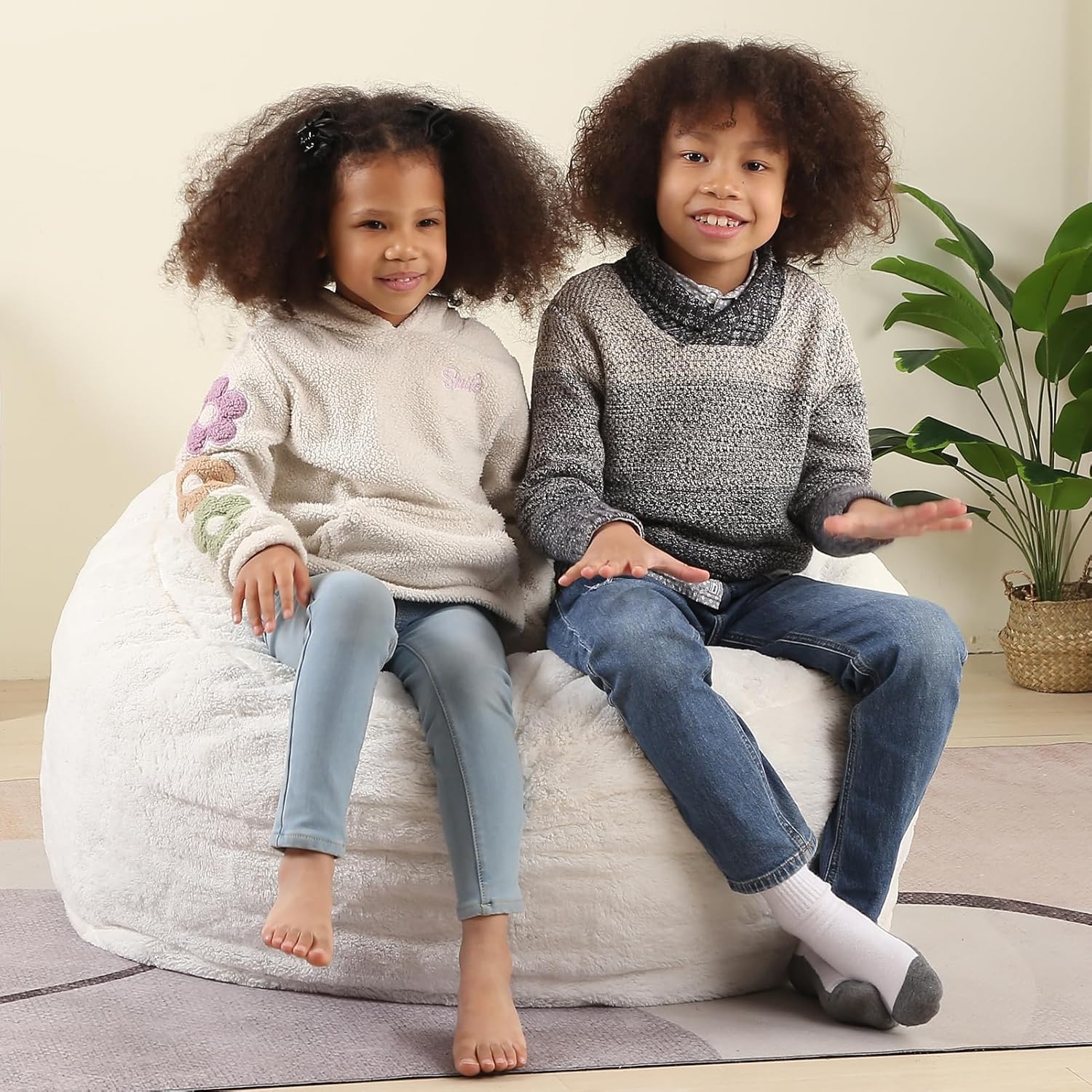 2-in-1 Kids Round Bean Bag Chair, Fluffy Beanbag with High-Density Foam Fillings for Toddlers, Reading Cushion Chair Corner, 16"x 35", Cream Cream 16" High