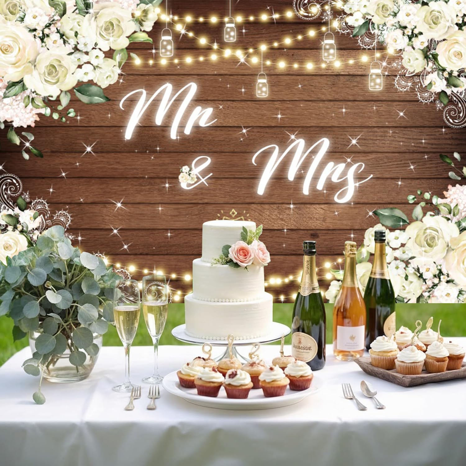 3.6x3m Mr & Mrs Hintergrund Weiß Floral Rustikal Holz Fotografie Hintergrund Braut Dusche Braut zu Sein Verlobung Hochzeit Party Dekorationen Banner Photo Booth Requisiten