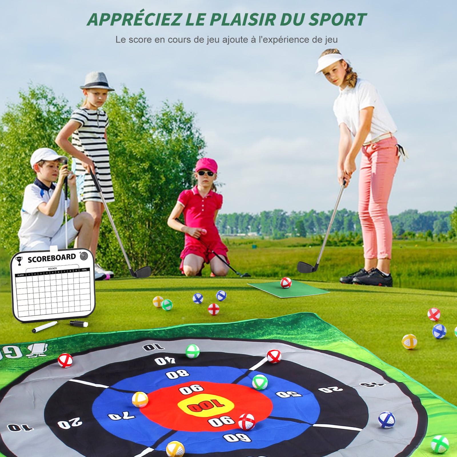 IEEILULU Tapis D'entraînement de Golf, Ensemble de Jeu 178 x 120cm Avec Club, Balles et Tableau D'affichage, Pour l'intérieur l'extérieur Enfants Adultes