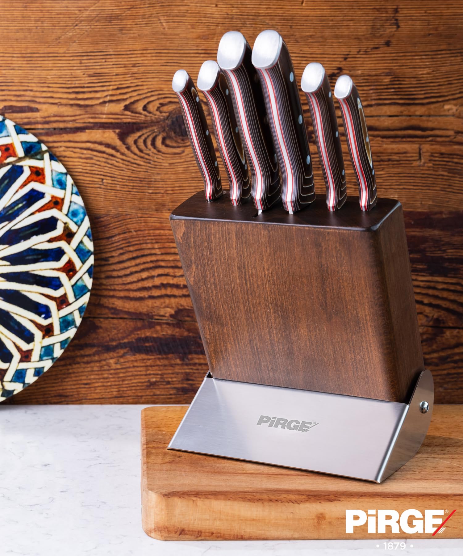 Pirge Elite - Juego de cuchillos de cocina con bloque de 7 piezas, acero inoxidable, madera compuesta, con bloque de madera de carpe, 56 HRC, acero inoxidable alemán con alto contenido de carbono, DIN