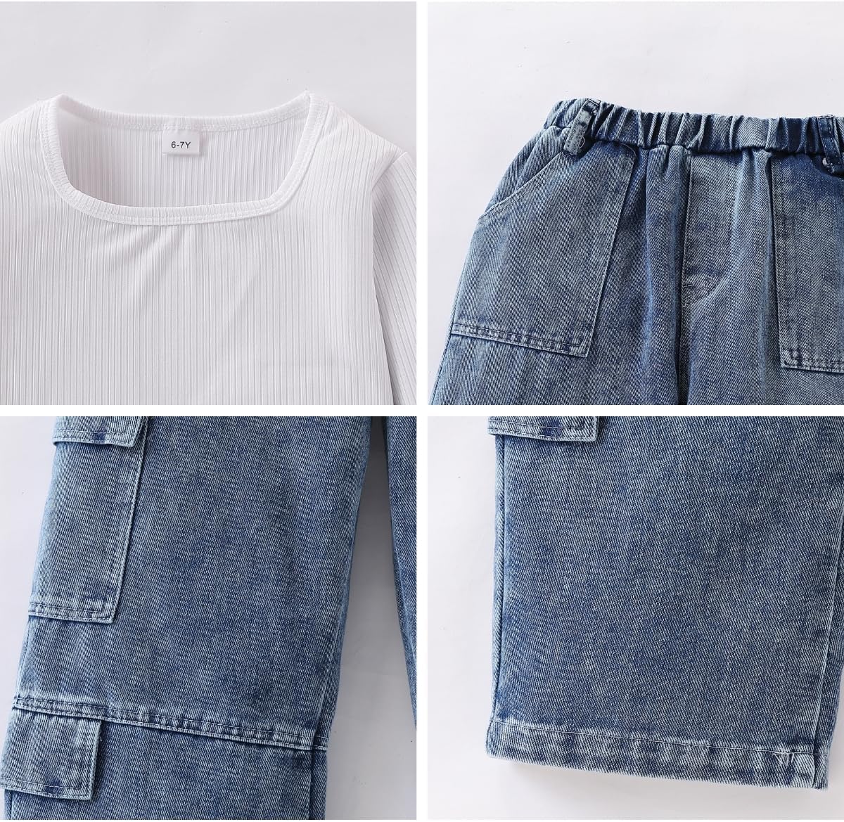 Tween Girls Clothes 2 Piece Long Sleeve Top + Denim Cargo Pants, Teen Girls Fall Clothing Set, Sizes 5-12 Years