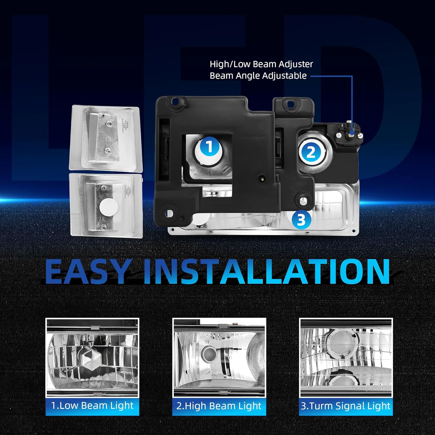 LEDKINGDOMUS Headlights Assembly with Corner Bumper Lamps, Compatible with 1994-1999 Chevy C/K 1500 2500 3500 Headlight 95-99 Suburban Tahoe Headlamp Set Chrome Housing