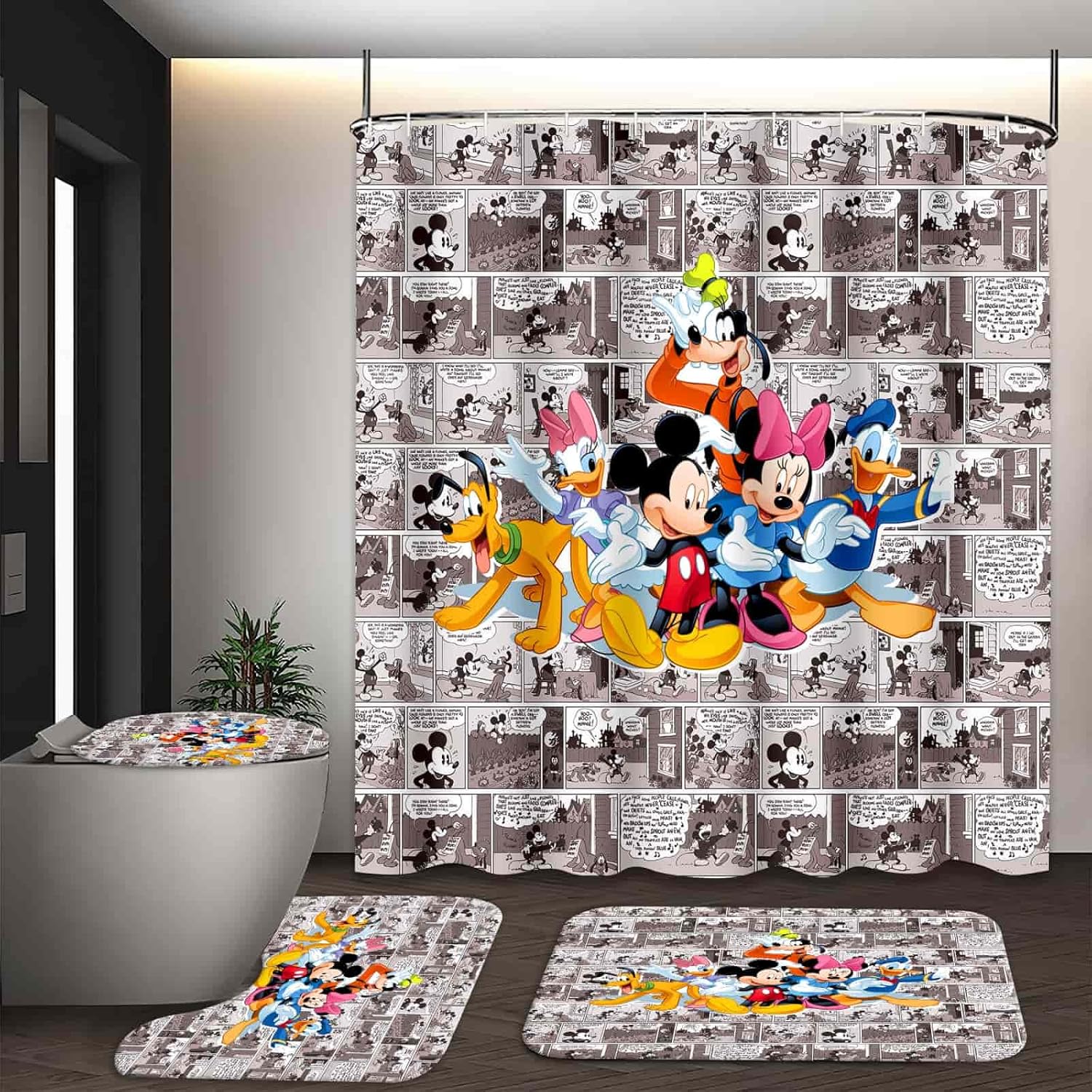 4 Pcs Cartoon Shower Curtain Set with Rugs, Toilet Lid Cover and Bath Mat, Cute Shower Curtain with 12 Hooks, Durable Bathroom Decor Sets 72 x 72 inch