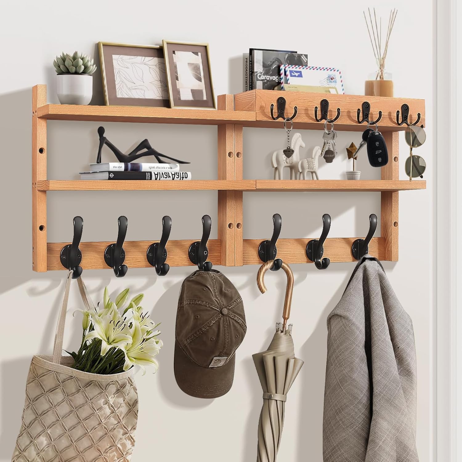 Coat Rack Wall Mount with Shelf, Pine Two-Tier Wall Shelf Mounted Coat and Key Hanger with 7 Heavy Duty Hooks 4 Key Hooks, Entryway Key Holder with Mail Holder for Bedroom,Living Room (Brown)