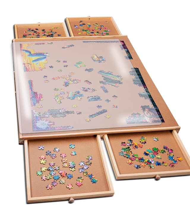 PlayVibe 1000 Piece Puzzle Board with Drawers and Cover - Portable Wooden Jigsaw Puzzle Tray with Drawers Solve