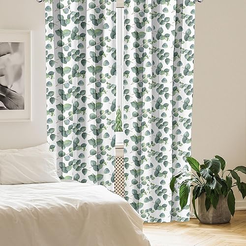 Miniatura 4 de Ambesonne Cortinas de hojas, patrón de acuarela estilo dólar hojas y ramas de eucalipto, tratamientos de ventana, juego de 2 paneles para sala de