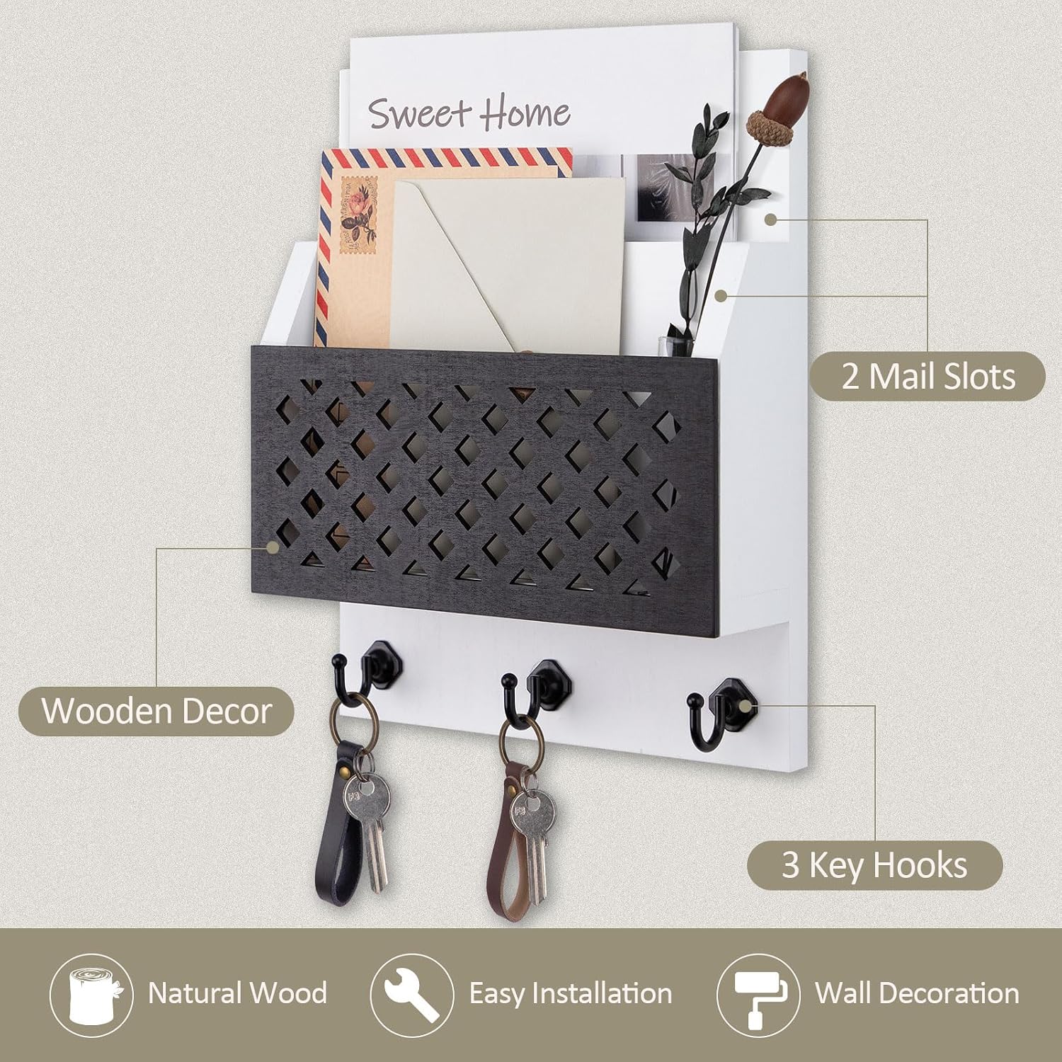 Nekon Mail Organizer with Key Holder – 8.8" x 11.4" Wall Mounted Wooden Mail Sorter with 3 Hooks - Hanging Mail and Key Organizer for Wall Decor (White)
