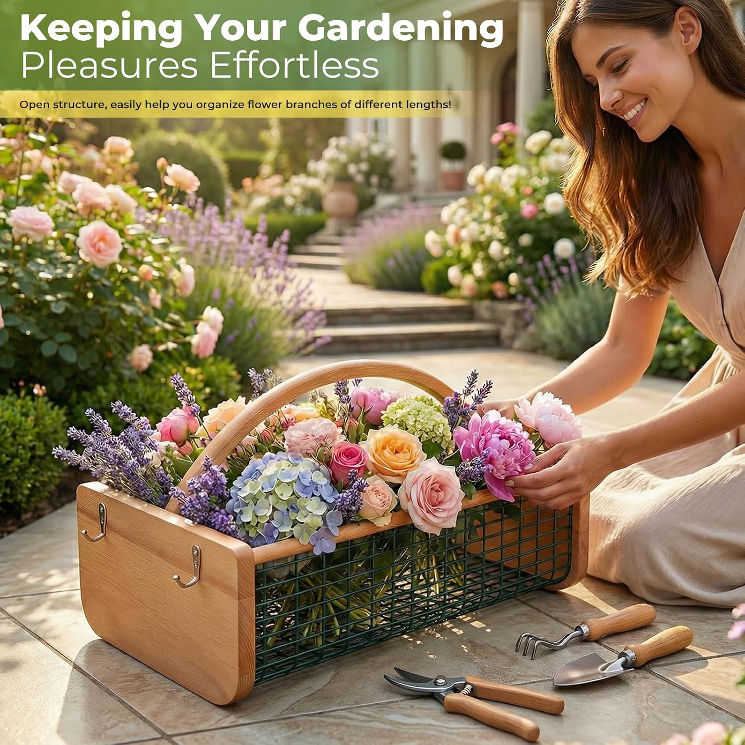 Garden Hod Harvest Basket - Durable Wooden Harvesting Basket with Metal Mesh for Vegetable Picking and Gathering, Gardening Gifts, Outdoor Farmhouse Picking Picnic