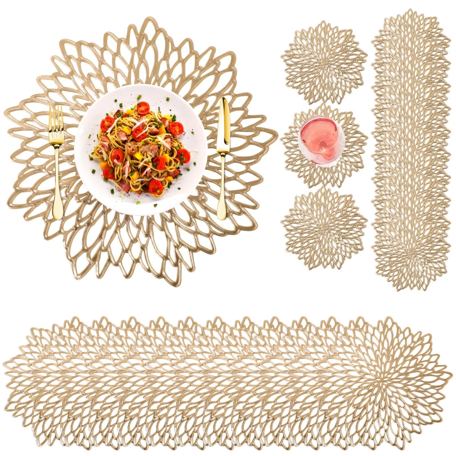 12 Charger Plates & 12 Drink Coasters in Gold, Hollow Round PVC Placemats, Heat-Guard Table Decor Set of 24, Great for Weddings and Dinners