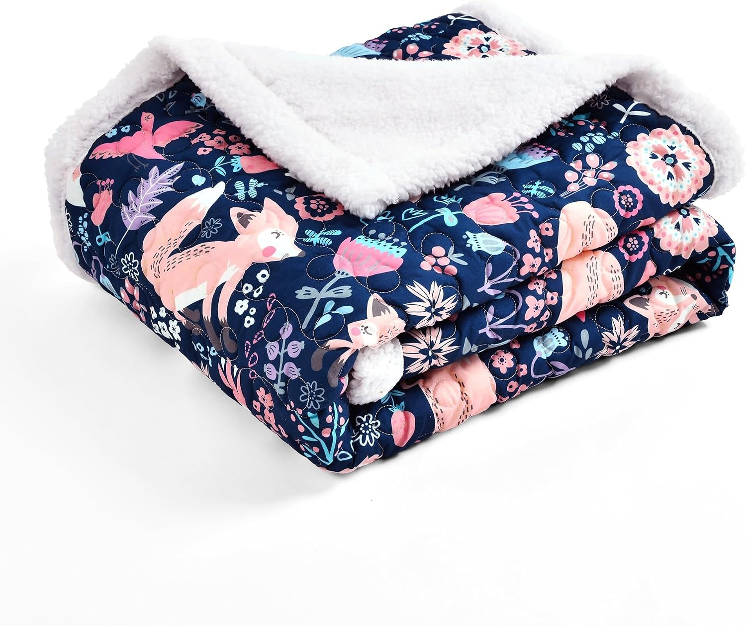 Lush Decor Pixie Fox Sherpa Throw Blanket 50”W x 60" L Navy & Pink - Sherpa Blankets - Toddler Blanket for Bed - Pink Girls Room Decor - Floral Throw image 4