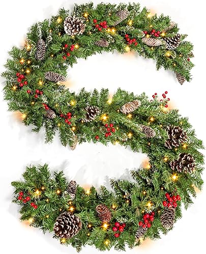 Miniatura 7 de TigeJoy Guirnalda de Navidad preiluminada de 9 pies con luces LED cálidas, guirnalda de pino esmerilado con bayas rojas y piñas largas de cedro, 8