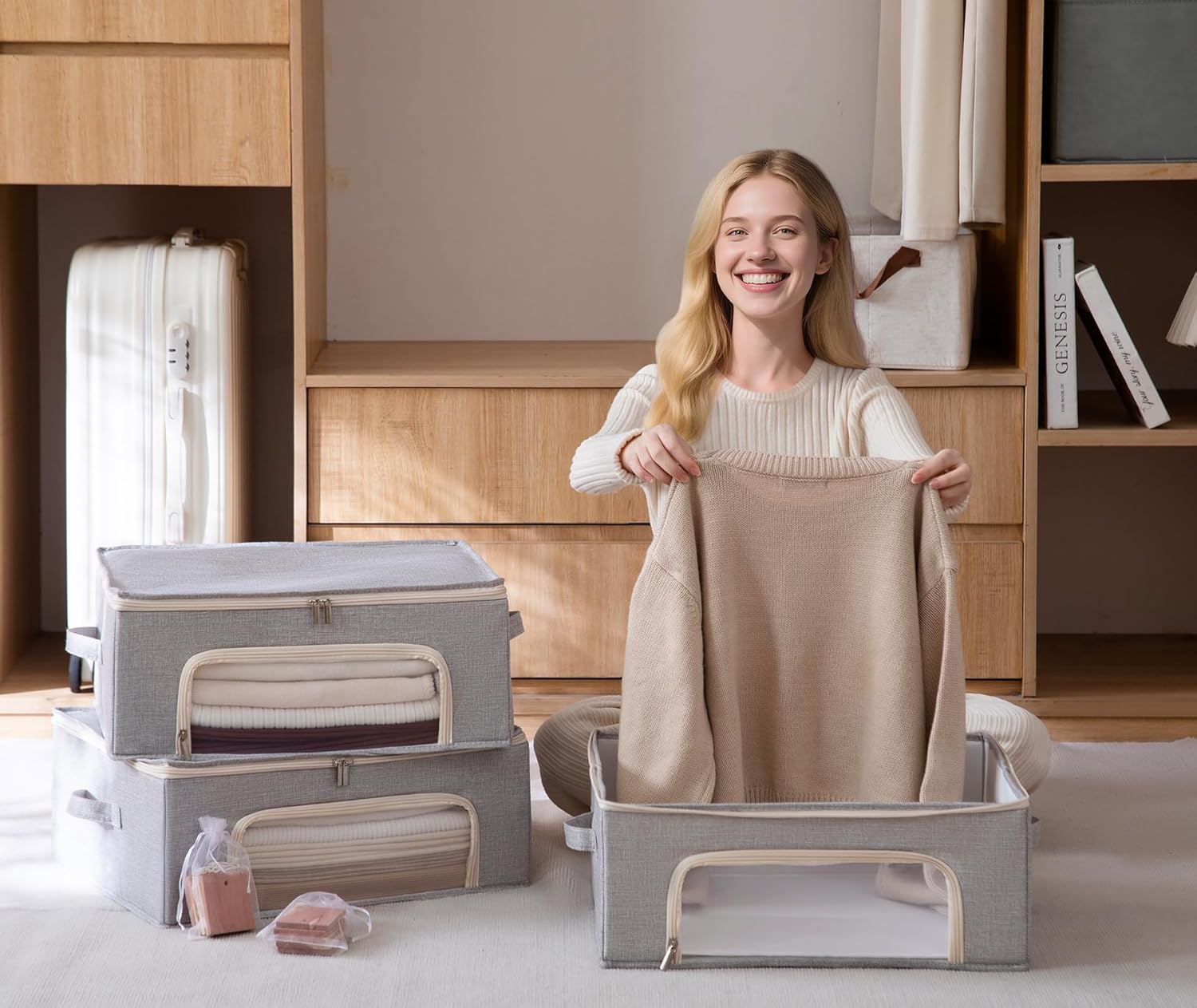 Beveetio 2-Pack Cashmere Sweater Storage Bags with Natural Cedar Blocks, Breathable Clothes Storage Bag with Mesh Window & Handles, Foldable Closet Garment Storage for Cashmere, Wool & Knitwear