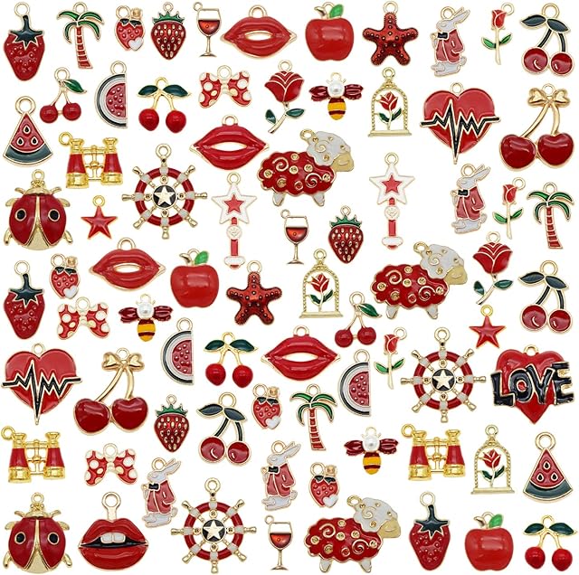 20 pcs Red Enamel Paint Metal Charms Bulk Handmade Earrings Bracelets Necklaces Pendants Findings DIY Arts Projects Jewellery Making Accessories 2-3cm