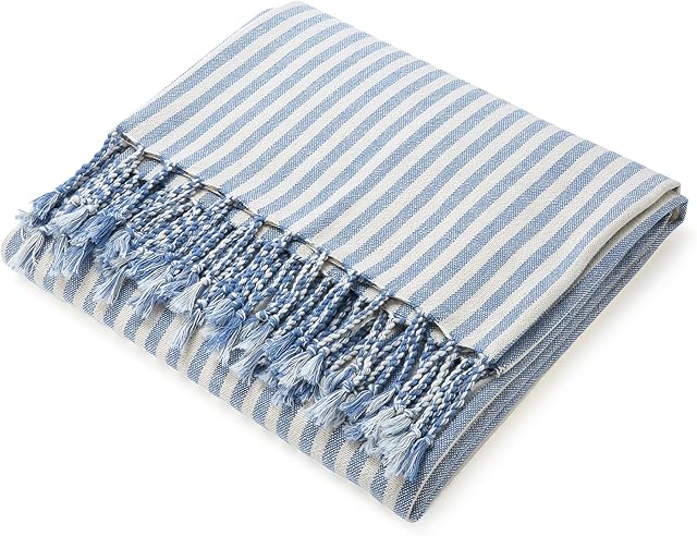 JOTO Turkish Beach Towel (100 x 200 CM) 100% Cotton Oversize Stripe Towel with Fringe Tassels, Extra Large Peshtemal Sand Free Blanket Bluewhite